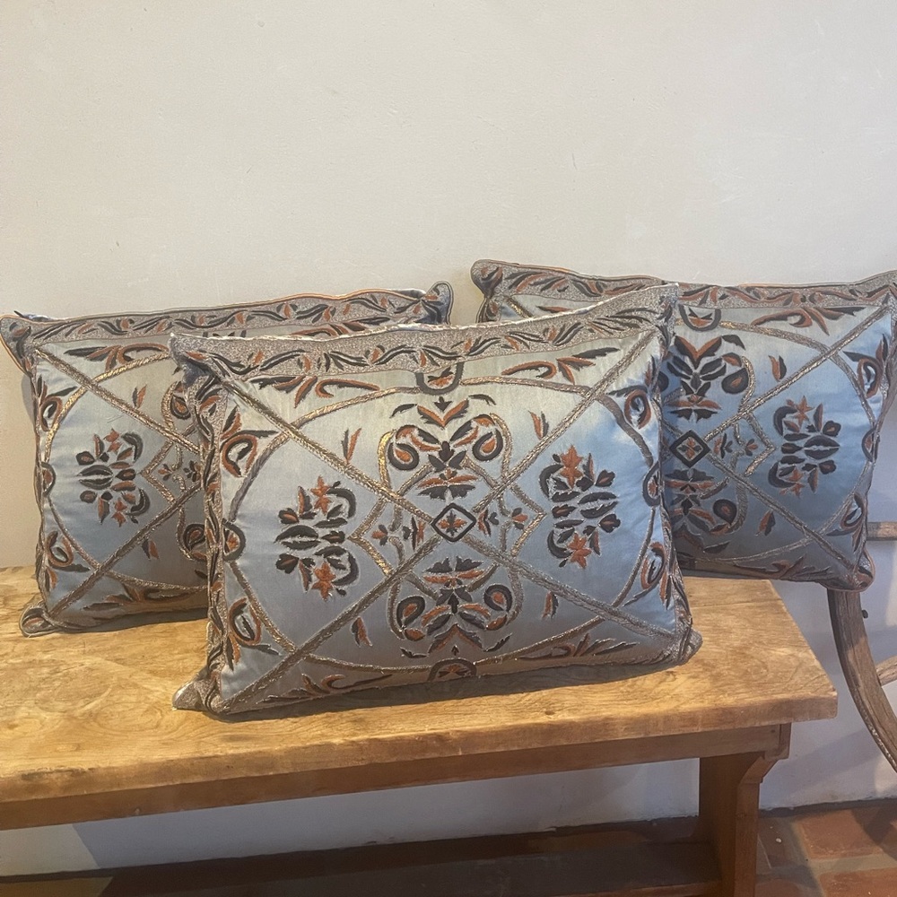 COURT OF VERSAILLES Set of Three Lt Teal Silk Embellished Embroidery Velvet Back